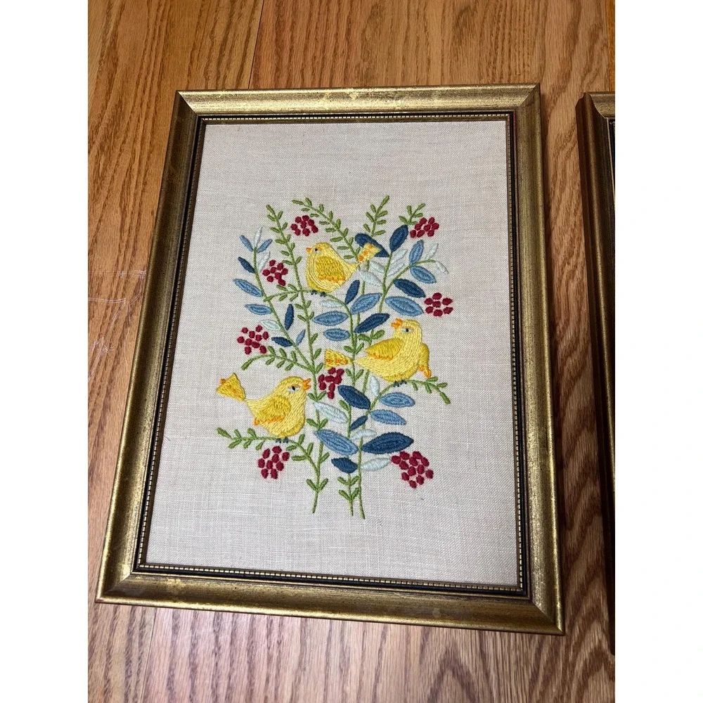 Vintage Hand Embroidered Bird Wall Art Pair Framed Folk Art Cottagecore Grandma